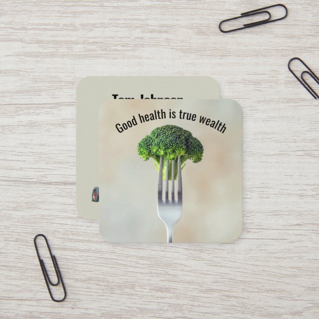 Broccoli Floret On a Fork With Quote Square Business Card (Front/Back In Situ)
