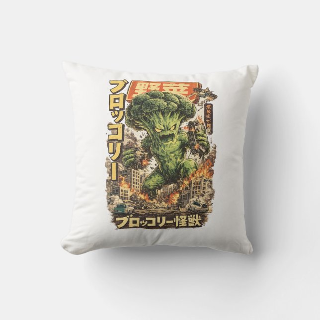 Broccoli Kaiju – Vegetable Apocalypse Throw Pillow (Front)