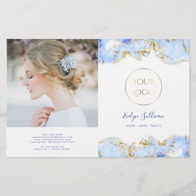 Brochure bidirectionnelle design marbré bleu (Devant)