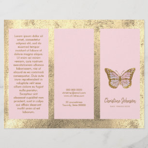 brochure fausse feuille d'or et papillon rose