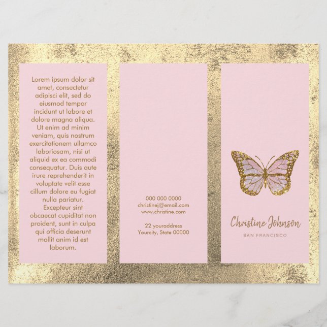 brochure fausse feuille d'or et papillon rose (Devant)