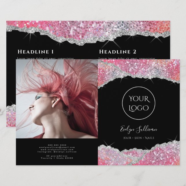 Brochure pliante à paillettes rose parties scintil (Devant / Derrière)