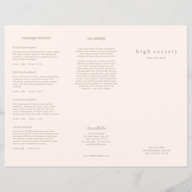 Brochure TriFold Spa de salon de coiffure rose vif (Devant)