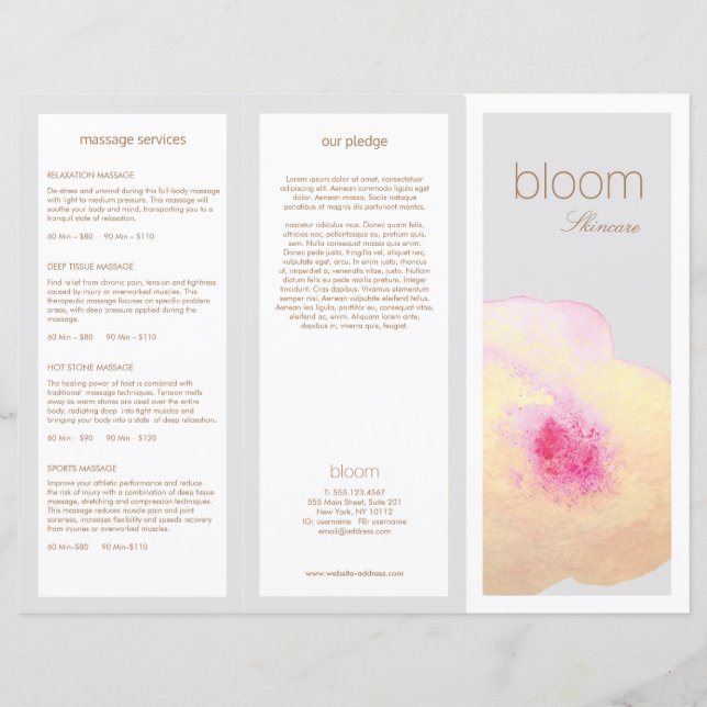 Brochure TriFold Spa Gold Floral pour soins de la  (Devant)