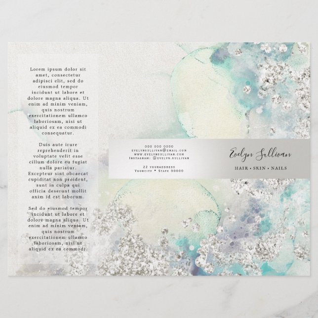 Brochure turquoise parties scintillant argent aqua (Devant)