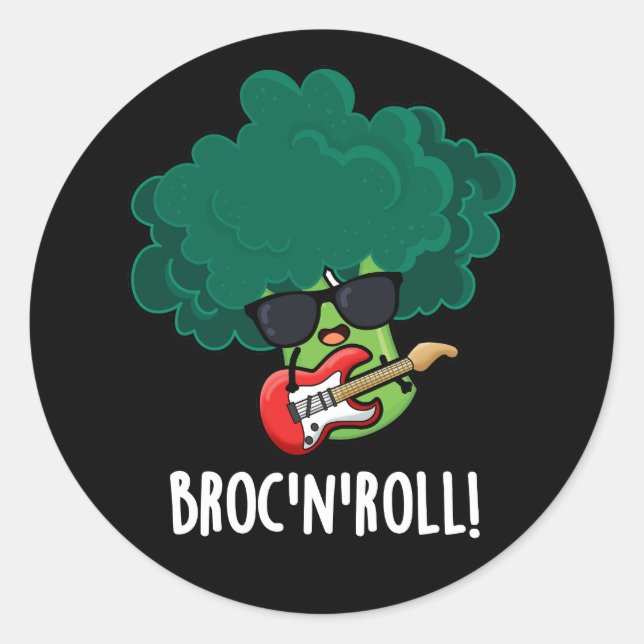 Brock n Roll Funny Veggie Broccoli Pun Dark BG Classic Round Sticker (Front)