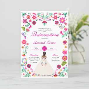 Broderie blanche rose Otomi Quinceañera Invitation