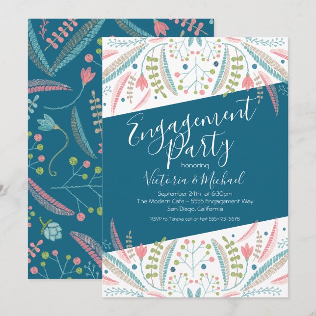 Broderie Floral Engagement Party Invitations (Devant / Derrière)