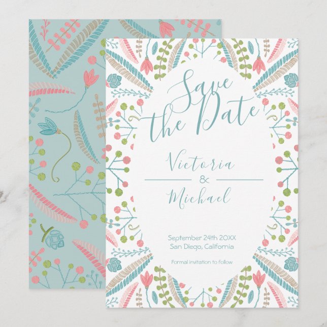 Broderie Floral Enregistrer la date invitations (Devant / Derrière)