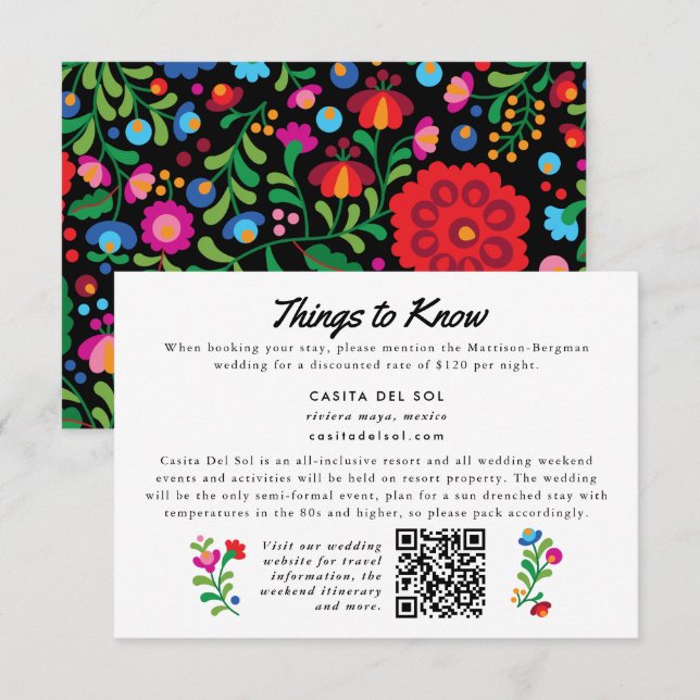 Broderie mexicaine colorée Carte d'information sur (Devant / Derrière)