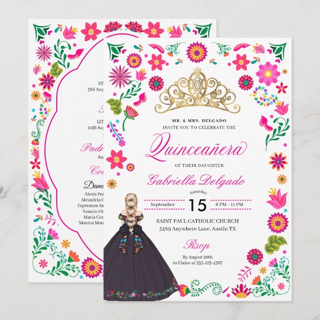 Broderie Otomi Mexicaine Quinceañera Invitation (Devant / Derrière)