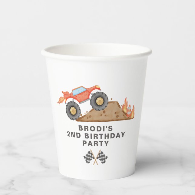 BRODI Red Monster Truck Boy Birthday Paper Cups (Front)