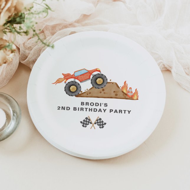 BRODI Red Monster Truck Boy Birthday Paper Plate (Creator Uploaded)