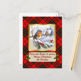 Brodie Crest & Tartan w/Robin Personalized   Holiday Postcard