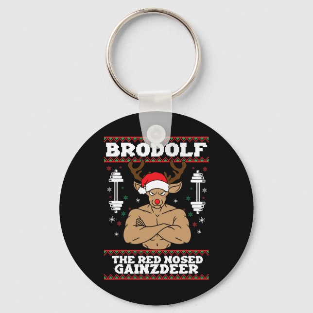 Brodolf Funny Christmas Buff Reindeer Gym Bodybuil Keychain (Front)