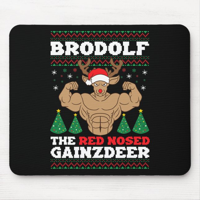 Brodolf Funny Christmas Buff Reindeer Gym Bodybuil Mouse Pad (Front)