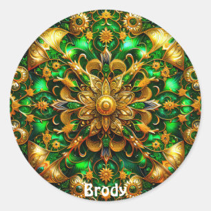 BRODY ~ Shiny Green and Gold Christmas ~  Classic Round Sticker