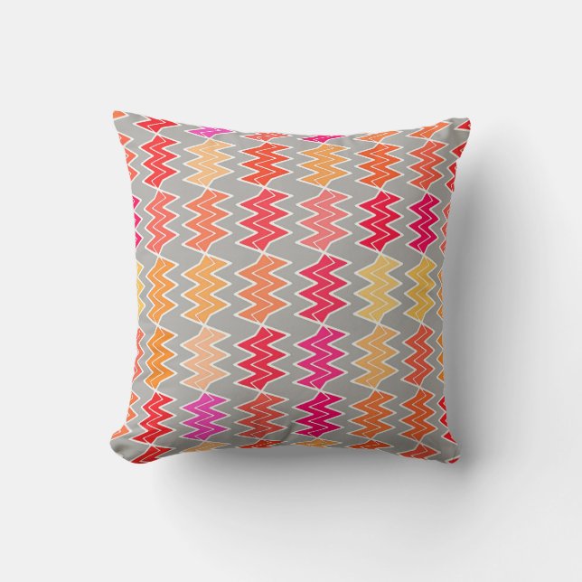 Broken Chevron - red, gold, orange and grey Throw Pillow (Front)