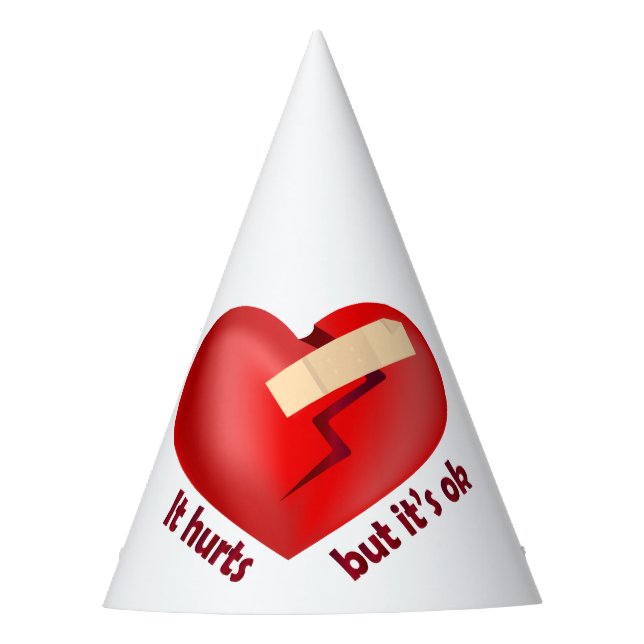 Broken heart healed with patch and life quote party hat (Front)
