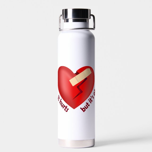 Broken heart healed with patch and life quote water bottle (Back)