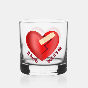 Broken heart healed with patch and life quote whiskey glass