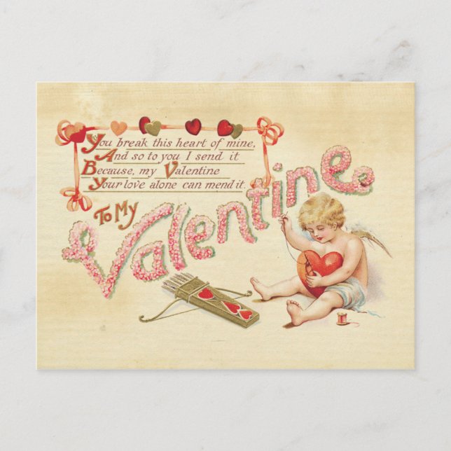 Broken Heart Valentines Day Vintage Cupid Red Postcard (Front)