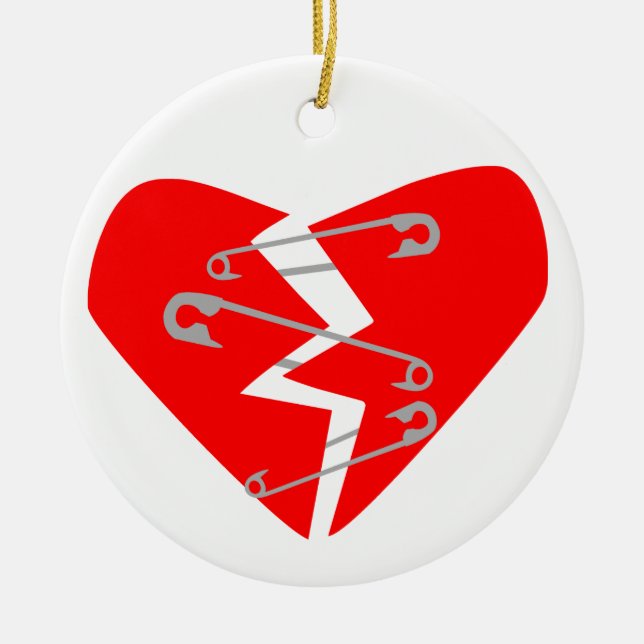 Broken Heart with Safety Pins Ceramic Ornament (Front)