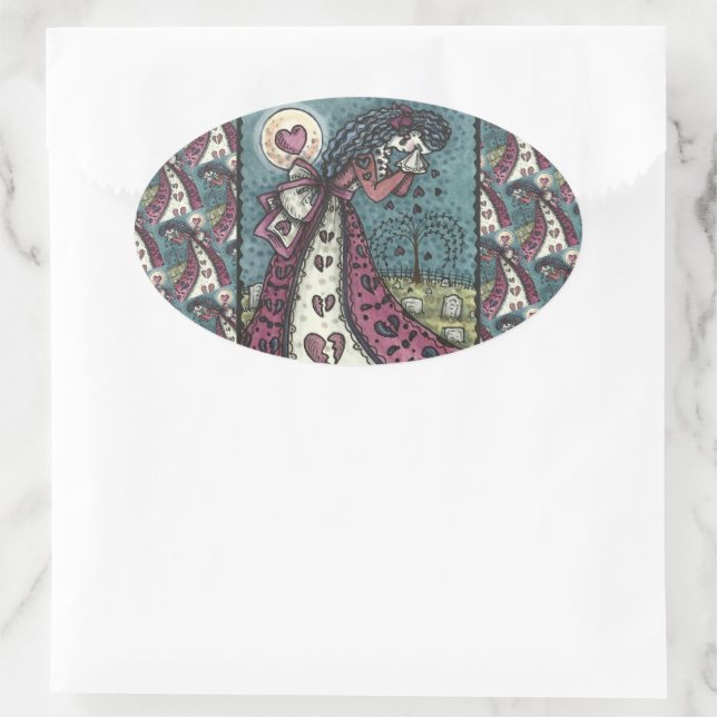 BROKEN HEARTED WEEPING VALENTINE, CEMETERY GOTH  OVAL STICKER (Bag)