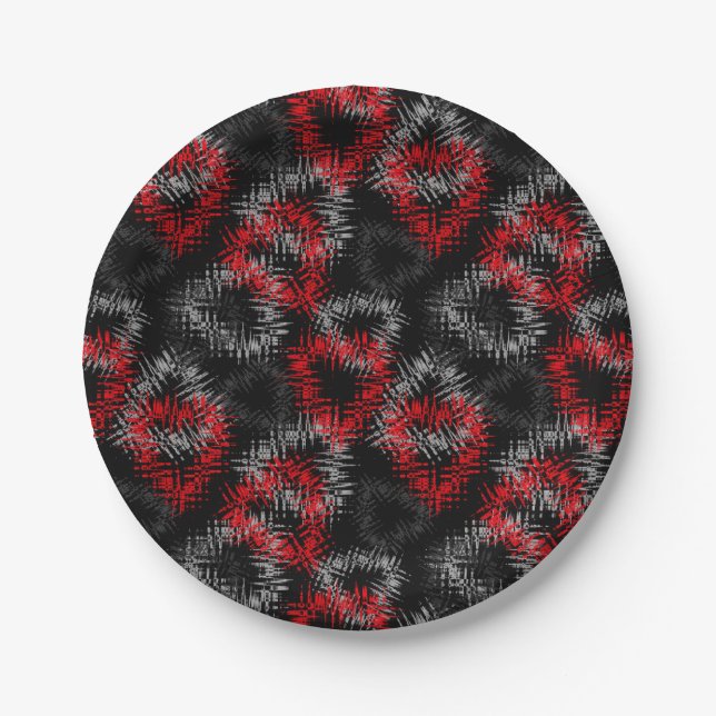 Broken hearts red and grey on black background paper plate (Front)