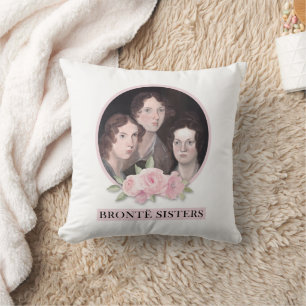Bronte Sisters Portrait with Pink Roses Throw Pillow