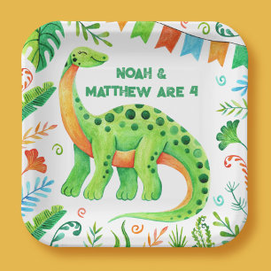 Brontosaurus Dinosaur Joint Birthday Paper Plate