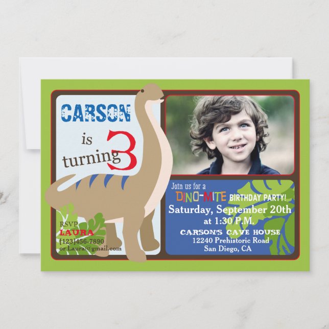 Brontosaurus Dinosaur Third Birthday Invitation (Front)