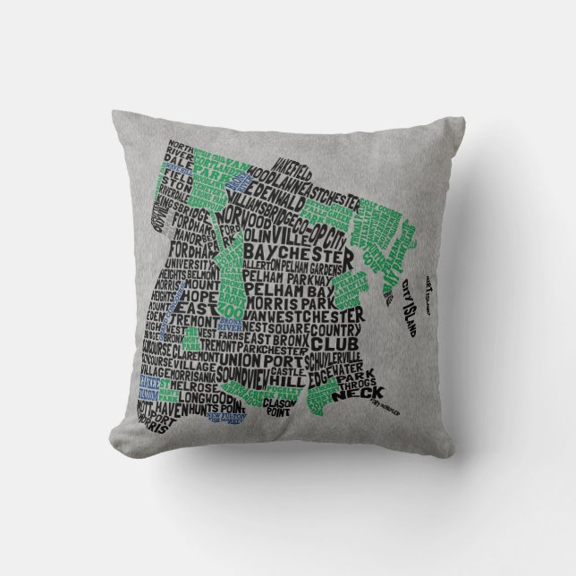 Bronx New York City Typography Map Throw Pillow (Front)