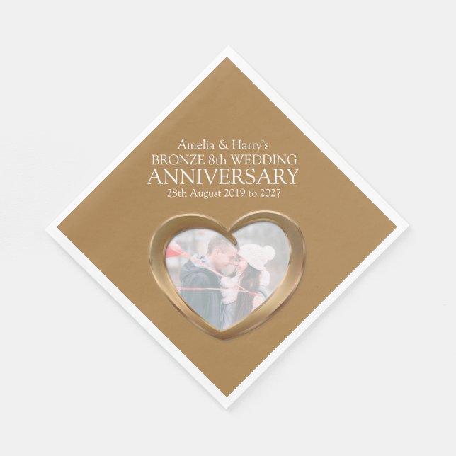 Bronze 8th anniversary heart photo names napkins (Corner)