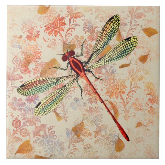 Bronze and Green Dragonfly on Vintage Ephemera Tile (Front)