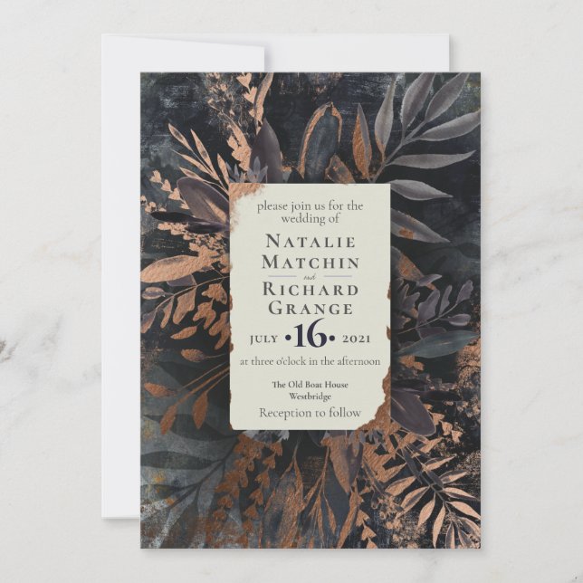 Bronze and Slate Moody Bouquet Wedding, Invitation (Front)
