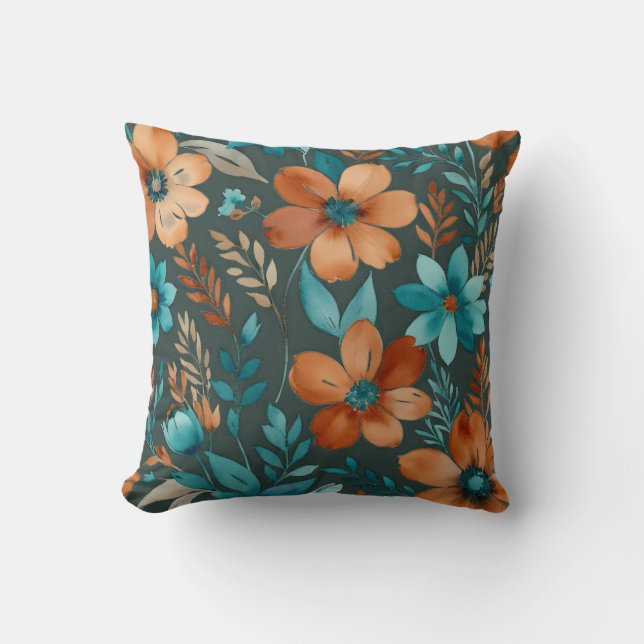 bronze and teal flowers throw pillow (Front)