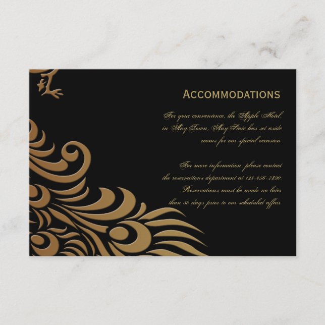 Bronze Art Deco Peacock and Floral Accomodations Enclosure Card (Front)