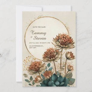 Bronze Astrantia Teal Botanical Wedding Invitation