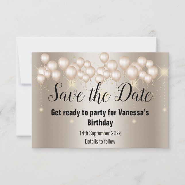 Bronze Balloon Sparkle Save the Date Card Announce (Front)