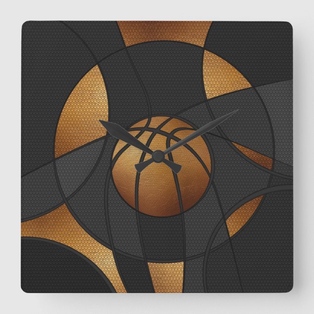 Bronze Basketball Abstract Art Square Wall Clock (Front)