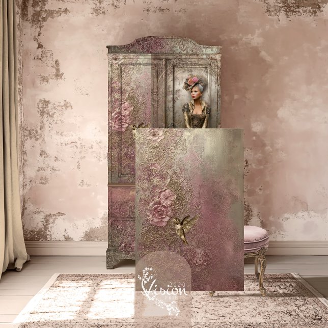 Bronze Blush, Gold Hummingbird, Embossed Patina Tissue Paper (Bronze Blush, Gold Hummingbird, Metallic Effect, Embossed Floral Patina Decoupage Tissue Paper.)