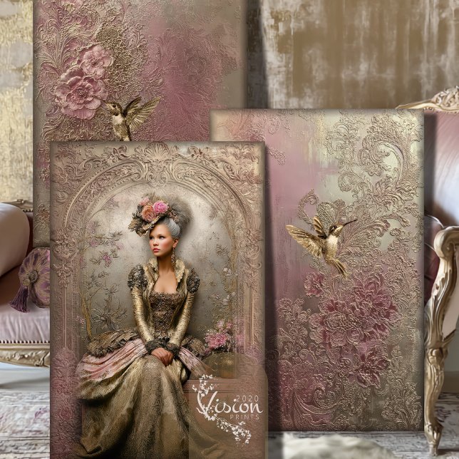 Bronze Blush Victorian Woman Gold Hummingbirds  Wrapping Paper Sheet (Bronze Blush, Victorian Woman, Gold Hummingbirds, Embossed Patina, Matching Heavyweight Decoupage.)