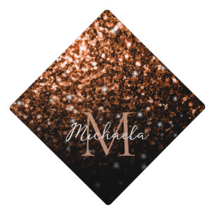 Bronze brown copper faux glitter sparkles Monogram Graduation Cap Topper