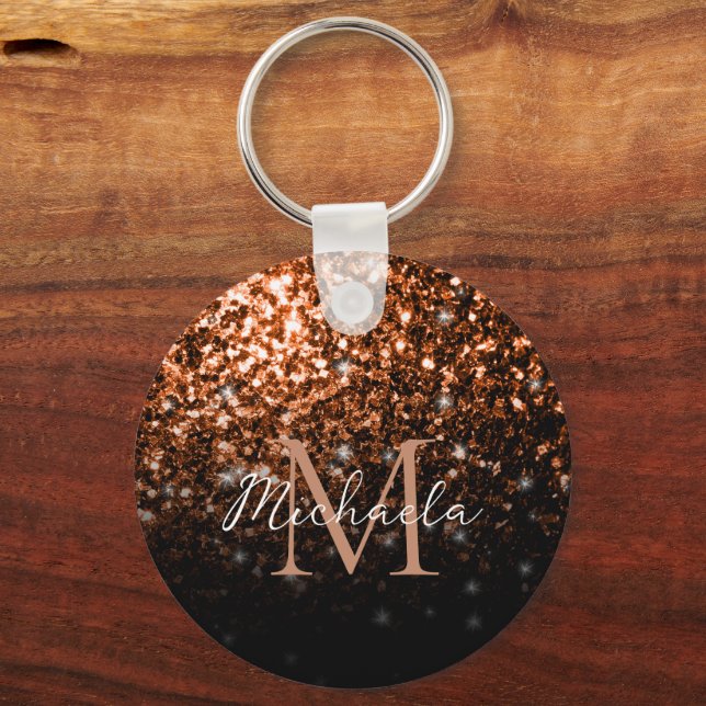Bronze brown copper faux glitter sparkles Monogram Keychain (Front)