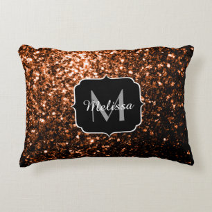 Bronze brown copper faux glitters sparkle Monogram Accent Pillow