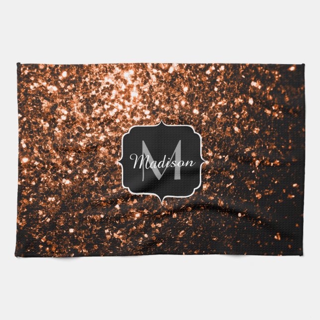 Bronze brown copper faux glitters sparkle Monogram Kitchen Towel (Horizontal)