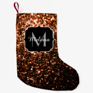 Bronze brown copper faux glitters sparkle Monogram Small Christmas Stocking