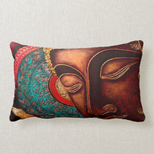 Bronze Buddha Head & Colourful Madala Lumbar Pillow