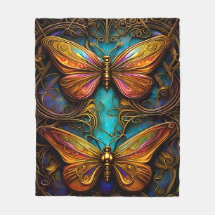 Bronze Butterflies on Aqua Blue Fleece Blanket